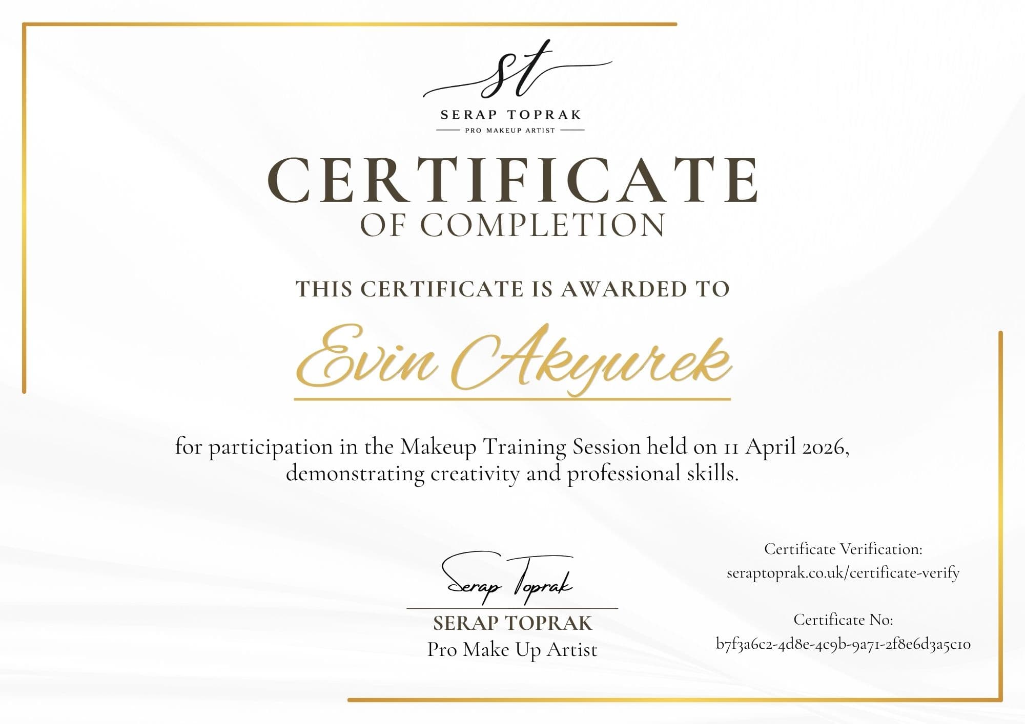Example certificate of completion issued by Serap Toprak